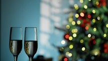 Glasses of elegant champagne under the christmas tree 