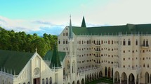 Gothic monastery with a courtyard nestled in the mountain top forest.