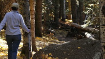 A woman hiking in the forest during Autumn