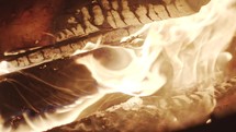flames on a burning log 