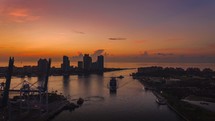 Miami Beach Causeway, Ocean and Clouds at Sunrise. Aerial Hyper Lapse, Time Lapse. Drone