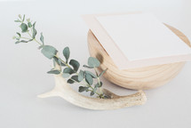 antlers, wood, eucalyptus, stationary, letter, paper, invitations, white background, wedding 