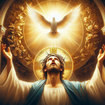 The Holy Spirit hovering over Jesus in the form of a Dove with Jesus hands raised up.