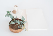 eucalyptus twig in a bowl and stationary 