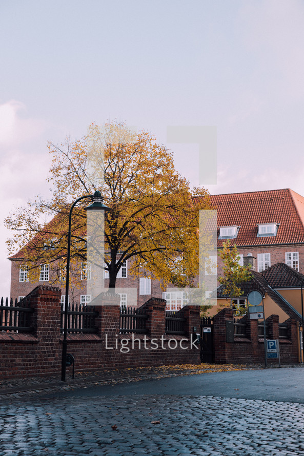 a brick wall and cobblestone street in Copenhagen 