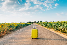 yellow suitcase on a road with sunflowers