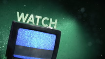 Watch retro TV playing static with snowflakes and text.
