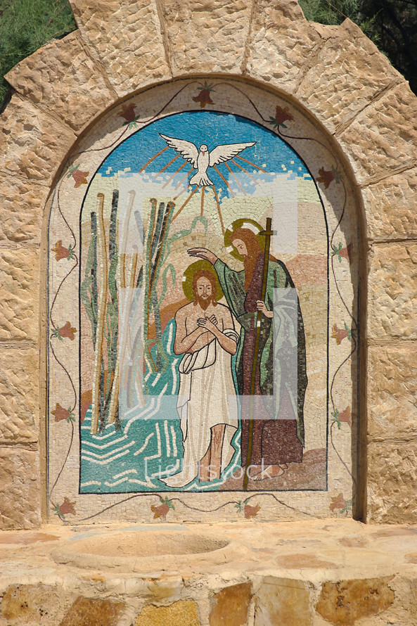 Modern mosaic depicting Jesus' baptism by John the Baptist