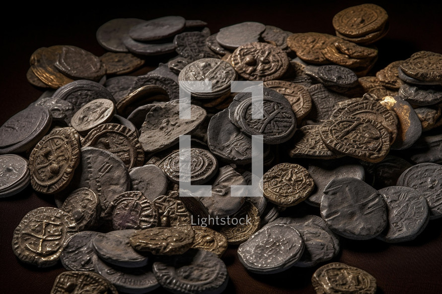 A scattered collection of old coins, photo