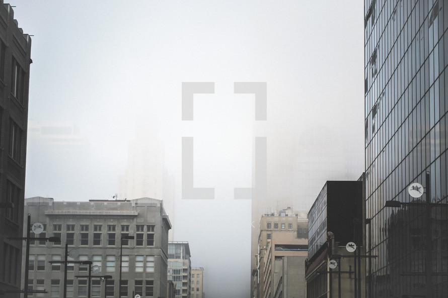 roofs, rooftops, city, fog, foggy, outdoors, buildings, cityscape 