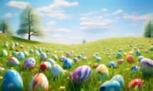 Tons of Decroated Easter Eggs Hidden in a Green Field