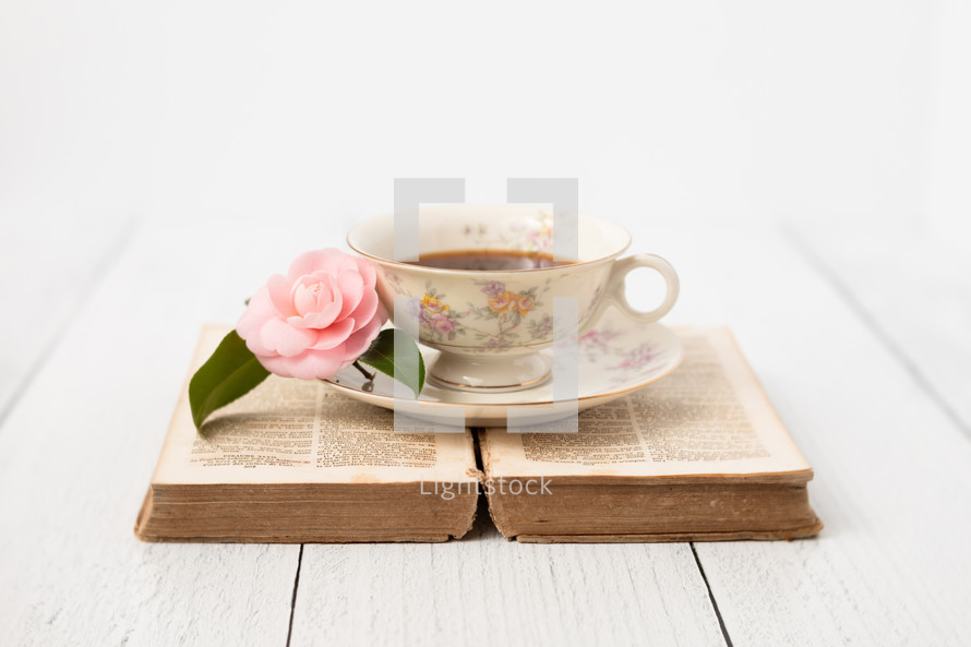 Coffee Cup Sitting on Old French Bible with Pink Camellia on White Background with Room for Text