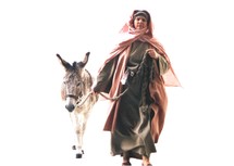 A Hebrew Israelite woman leads a Donkey on a rope to give to Jesus and His disciples for Jesus to ride into Jerusalem during the time of Passover.  When Jesus entered into Jerusalem riding on a Donkey,  people greeted Him by throwing their clothes and palm branches onto the ground shouting Hosanna, Hossana to the highest. A Donkey was prepared to give to the Disciples to give to Jesus to ride into Jerusalem during the week of Passover. Here, an Israelite woman brings her Donkey to Jesus and His disciples, dressed in Hebrew clothing. 

 “Tell the daughter of Zion, ‘Behold, your King is coming to you, Lowly, and sitting on a donkey, A colt, the foal of a donkey’ ". - Matthew 21:5