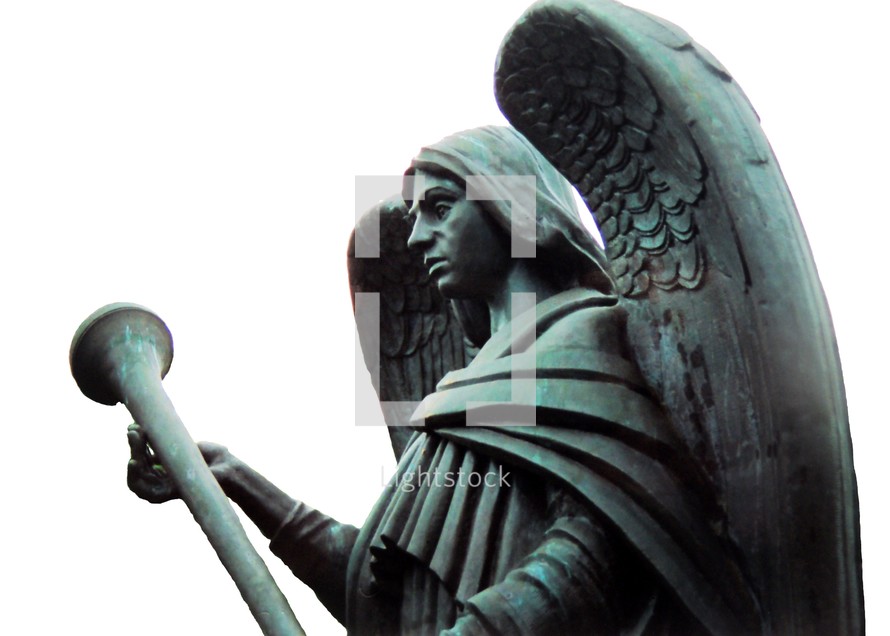 Statue of an angel warrior with a trumpet.