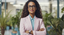 Professional woman in pink blazer and glasses, confidently posing in an office with greenery.