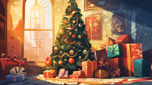 Warmly lit Christmas tree surrounded by colorful gifts, capturing the festive spirit in a cozy interior.