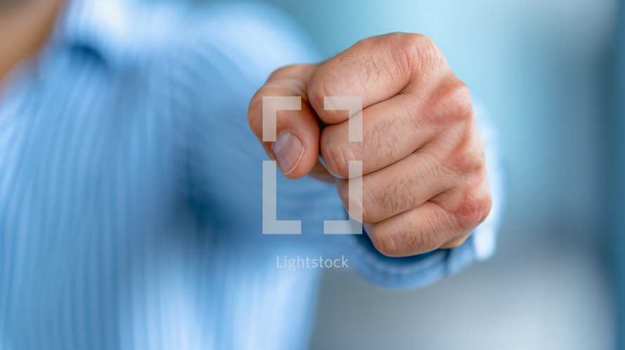 Close-up of a clenched fist in a forward motion, symbolizing determination, strength, and assertiveness, with a person wearing a blue-striped shirt in the background.