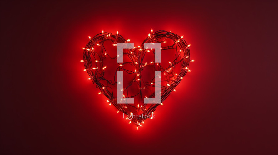 Heart. made up of christmas lights on a red background. 