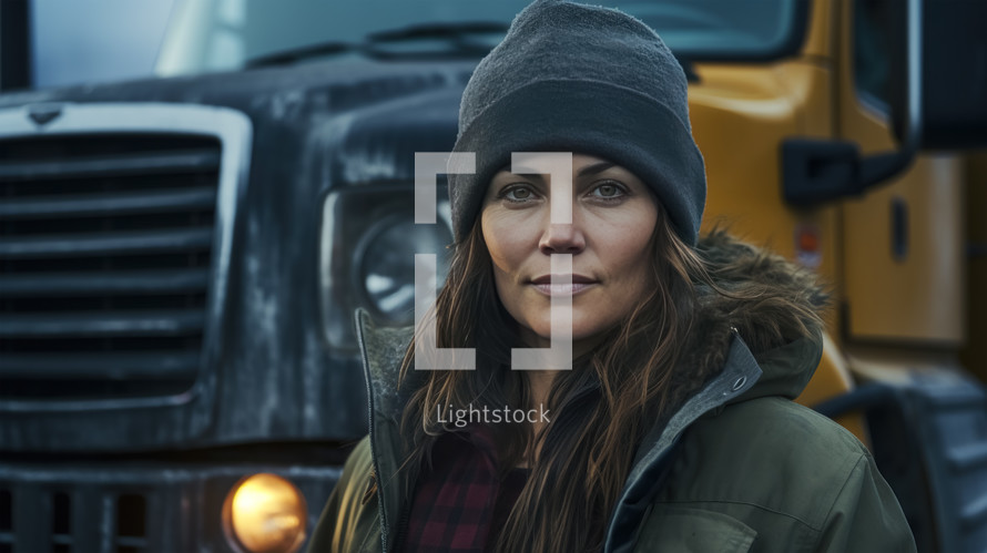 Portrait of a young female truck driver with a truck in the background.