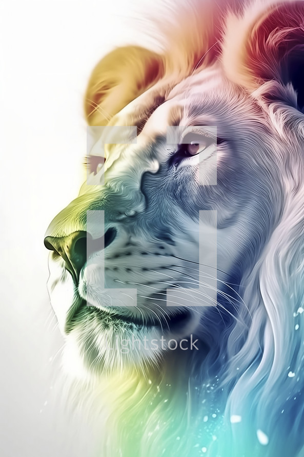Abstract painting concept. Colorful artistic lion on lines and curves background. Animals.