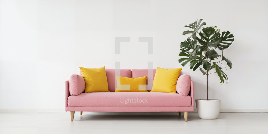Modern minimalist interior with an elegant pink sofa adorned with yellow cushions and a potted monstera plant.