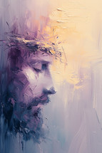 Abstract impressionistic painting of Jesus with a crown of thorns, textured brushstrokes in muted tones.