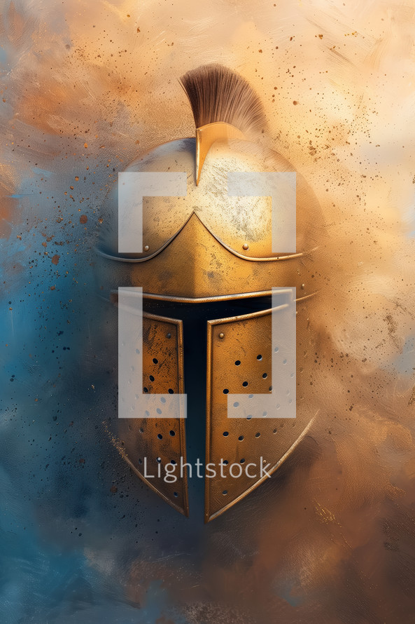 Striking image of a medieval helmet symbolizing the Helmet of Salvation, set against a textured background with hues of blue and gold.