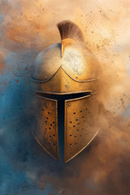 Striking image of a medieval helmet symbolizing the Helmet of Salvation, set against a textured background with hues of blue and gold.