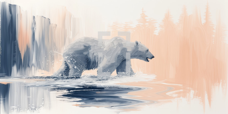 Impressionistic painting of a polar bear in motion, set against a soft, pastel-hued backdrop, reflecting the beauty and solitude of the Arctic wilderness.
