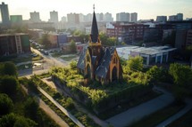 Aerial view of a church in the center of the city. Ecology. Prospective