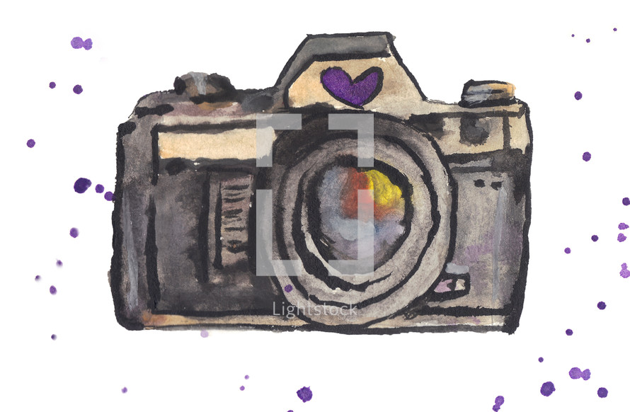 a watercolor painting of an old camera with a purple heart