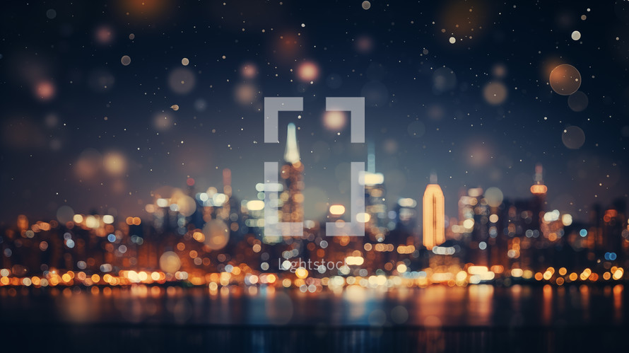 Blurred city background with snowfall bokeh. 