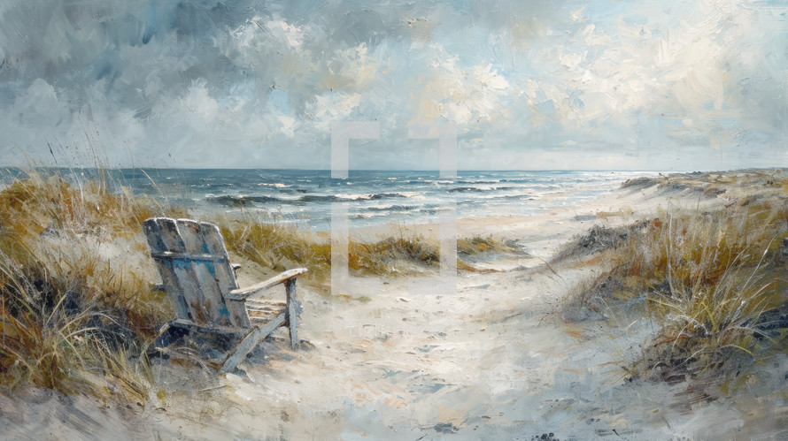 Solitary beach chair overlooking a rugged coastal landscape, capturing the essence of serene coastal life with windswept dunes and turbulent sea under a dynamic sky.