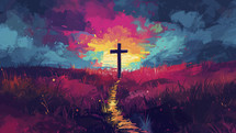 A vibrant, colorful depiction of a wooden cross at the end of an old road, set against a dynamic, painted sky, evoking a sense of guidance and spiritual journey.