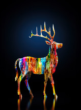 Artwork of colorful reindeer on dark blue background. Merry Christmas.