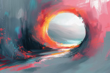 Vibrant abstract impression of the sunrise viewed from the empty tomb, symbolizing hope and resurrection.