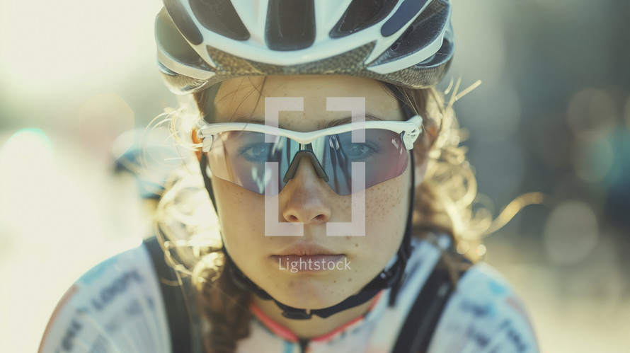 Focused cyclist with helmet and sunglasses.