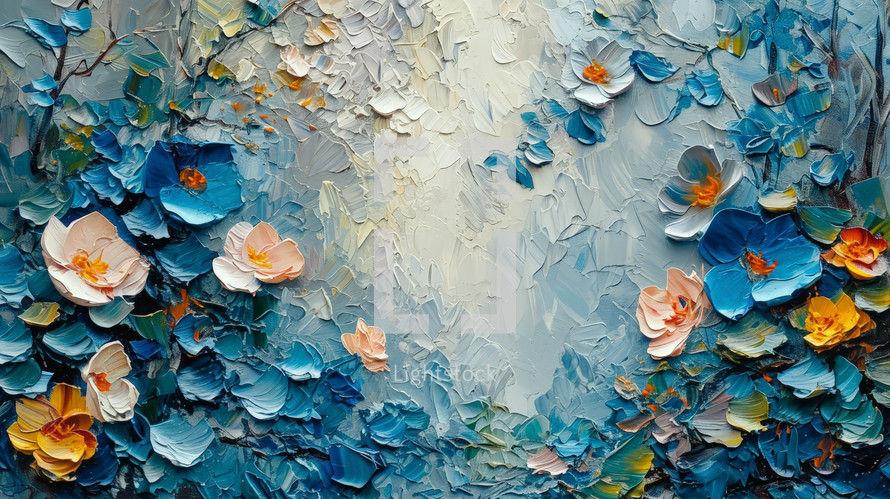 Textured floral painting with a vibrant array of impasto brushstrokes, depicting delicate blossoms in shades of blue, orange, and white against a soothing grey backdrop.