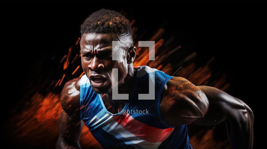 Close-up portrait of an afro american athlete running on a track. Black background. Sports concept.