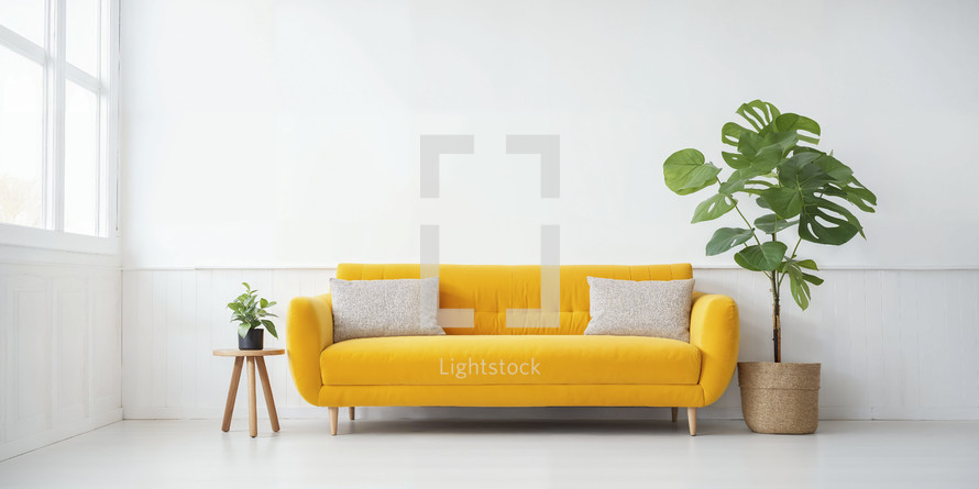 Chic minimalist interior featuring a vibrant yellow sofa with textured cushions and a large potted monstera, enhancing the room's bright and airy atmosphere.