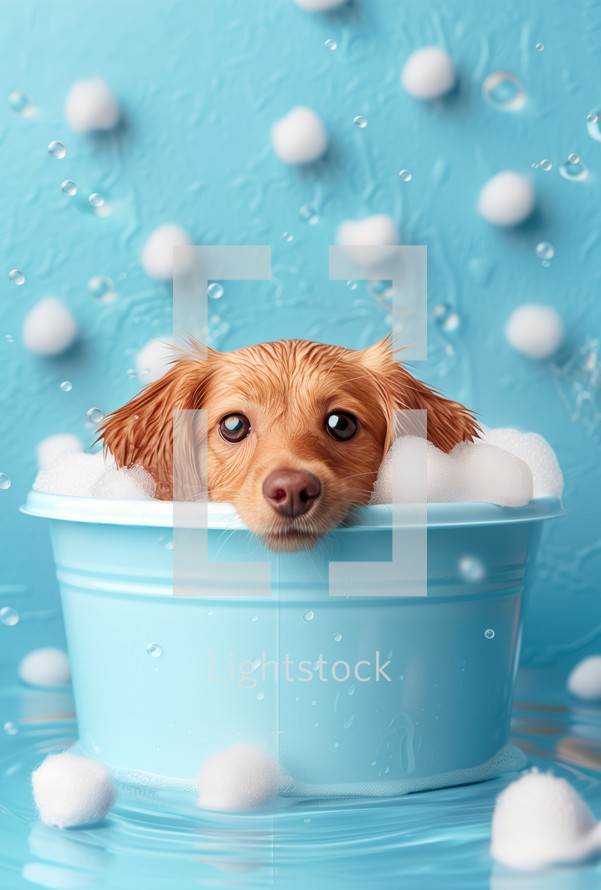 Adorable puppy in a blue bucket taking a bath with bubbles and water droplets around. Perfect for pet care and grooming themes.