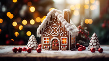 Christmas gingerbread house with glitter light bokeh background.