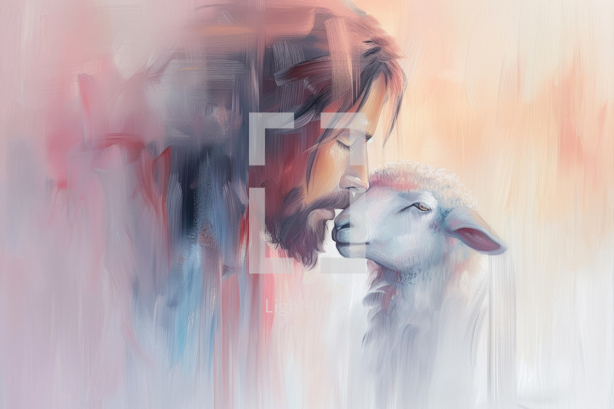 Soft watercolor-style painting of a serene figure of Jesus with a lamb, evoking themes of peace, guardianship, and biblical narrative.