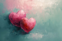 Two textured pink hearts against a cool teal backdrop, a contemporary piece symbolizing love and unity.