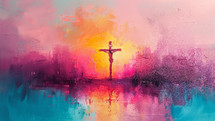 A minimalist abstract painting of the crucifixion at sunset.