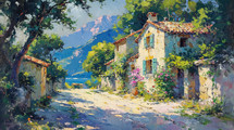 Charming vintage painting of a quaint stone house nestled in lush greenery with a pebbled path leading to a stunning view of the sea and distant mountains.