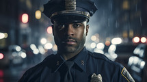 Portrait of a smiling police officer in urban background.