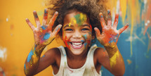 Joyful little Afro-American girl with paint-covered hands and face, smiling widely against a colorful background.