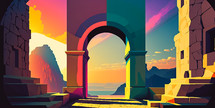 Abstract painting concept. Colorful art of a view over the mountains through a stone arch.