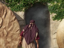 One of Jesus' Disciples looks in amazement into the empty tomb of Jesus with the stone rolled away, the seal of Rome broken and Jesus body no where to be found,